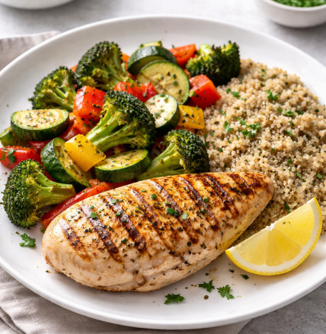 Gegrilde kipfilet met geroosterde groenten en quinoa