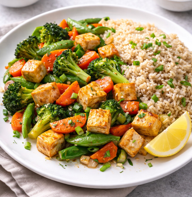 Vegetarische roerbak met tofu, groenten en zilvervliesrijst